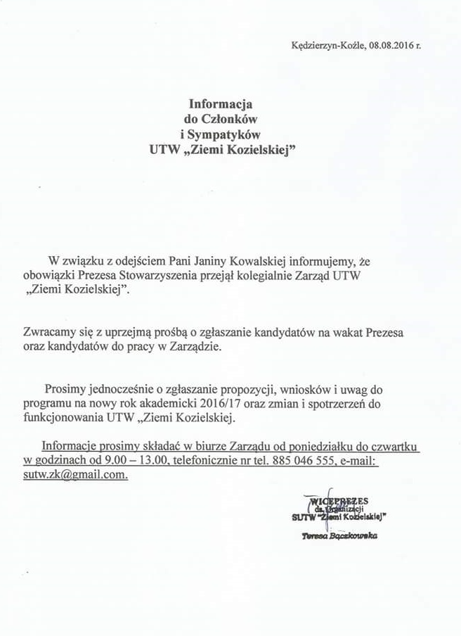 informacja dla członków i sympatyków UTW